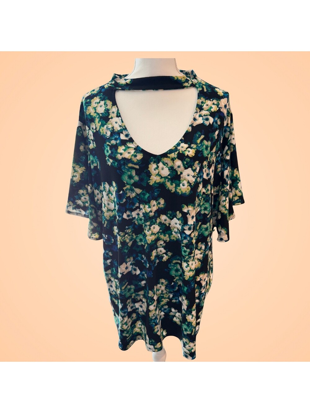 Worthington Woman 3X Floral Choker V Neck Tunic Top Flutter Sleeve Blue Green